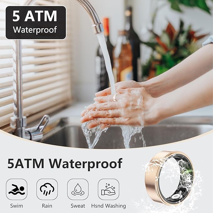Thin Smart Ring for Fitness & Health Tracking -Pedometer,Sleep/Heart Rate/Blood Oxygen Monitor, Gesture Control / 5ATM Waterproof -No APP Subscription Compatible with Android& iOS (Rose Gold, 10)