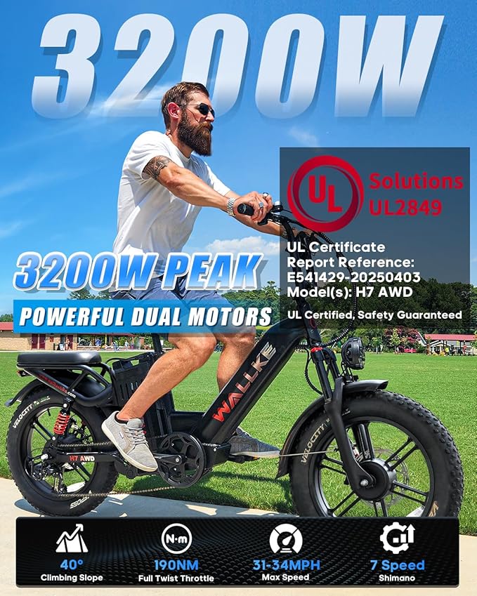 W Wallke H7 AWD Dual Motor Electric Bike for Adult, 48V 60Ah/40Ah Removable Battery, Long Range 32-34MPH Fast Ebike, 20" Fat Tire Mountain Offroad All Terrain Full Suspension E-Bicycle, UL2849 List