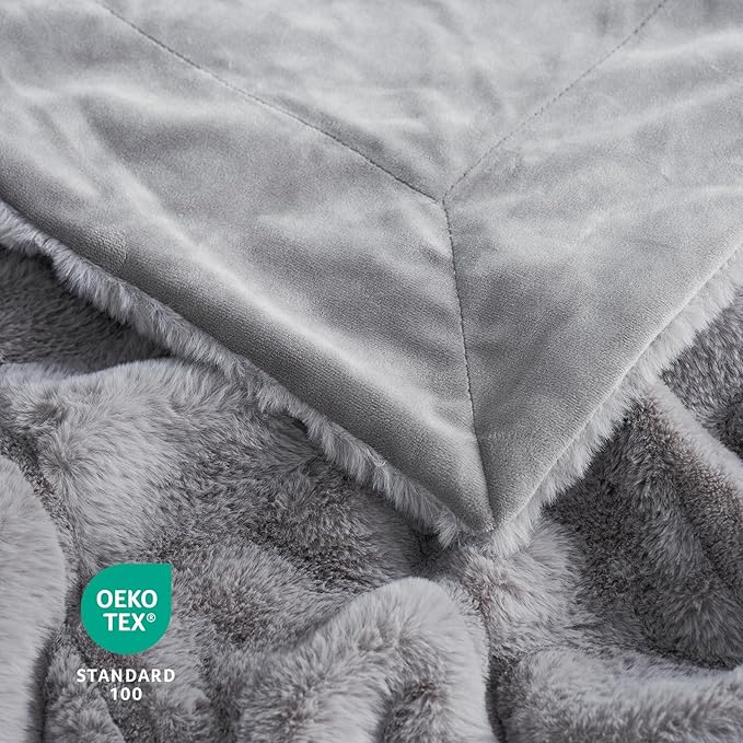 Cozy Bliss Faux Fur Throw Blanket for Couch, Cozy Warm Plush Striped Blanket for Sofa Bedroom Living Room, 90 * 90 Inches Grey