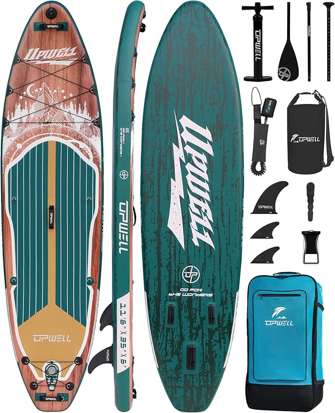 UPWELL 10'6"/11'/11'6" Inflatable Paddle Board, Stand Up Paddlboard for Youth & Adults, Stable Design, Premium SUP Accessories, Backpack, Leash, Hand Pump, Fins