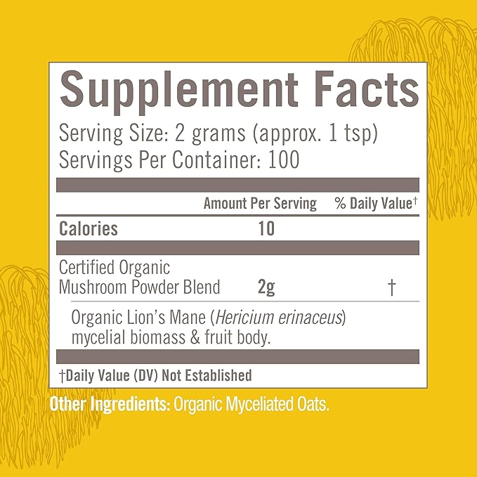 OM MUSHROOM SUPERFOOD Lion's Mane Organic Mushroom Powder, Improves Memory, Focus, Clarity, Nerve Health, and Mood Support, 7.05 oz, 100 Servings