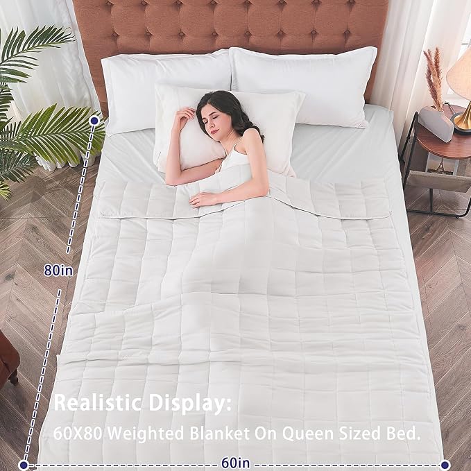 yescool Weighted Blanket for Adults (15 lbs, 60" x 80", White) Cooling Heavy Blanket for Sleeping Perfect for 140-160 lbs, Queen Size Breathable Blanket with Premium Glass Bead, Machine Washable