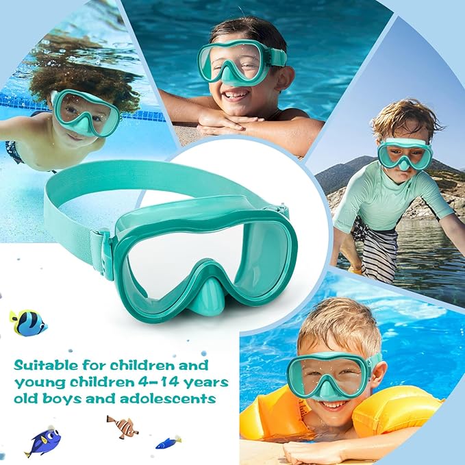 Kids Swim Goggles 180° Snorkel Diving Mask with Nose Cover, Anti-Fog Kids Swimming Goggles with Elastic Fabric Strap for Kids Boys Girls