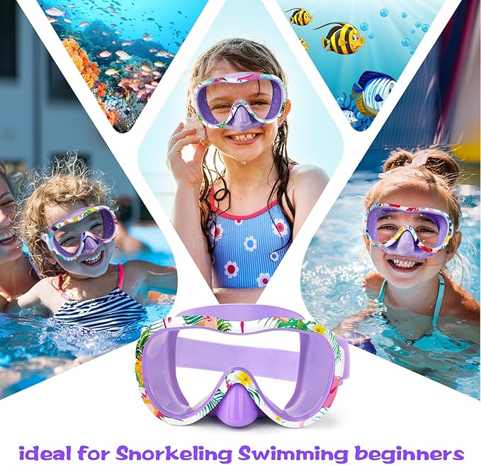 Kids Swim Goggles with Nose Cover, 180° Panoramic Snorkel Mask with Anti-Fog & Anti-Leak Design, Comfort Fabric Strap UV Protection Lens for Boys Girls Ages 3-15