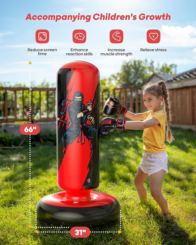 QPAU Punching Bag for Kids, 66 Inch Stable Inflatable Boxing Bag with Boxing Gloves, Stand Kids Punching Bag Toy for Boys & Girls Age 6-12, Boxing Set for Practicing Karate, Taekwondo, MMA