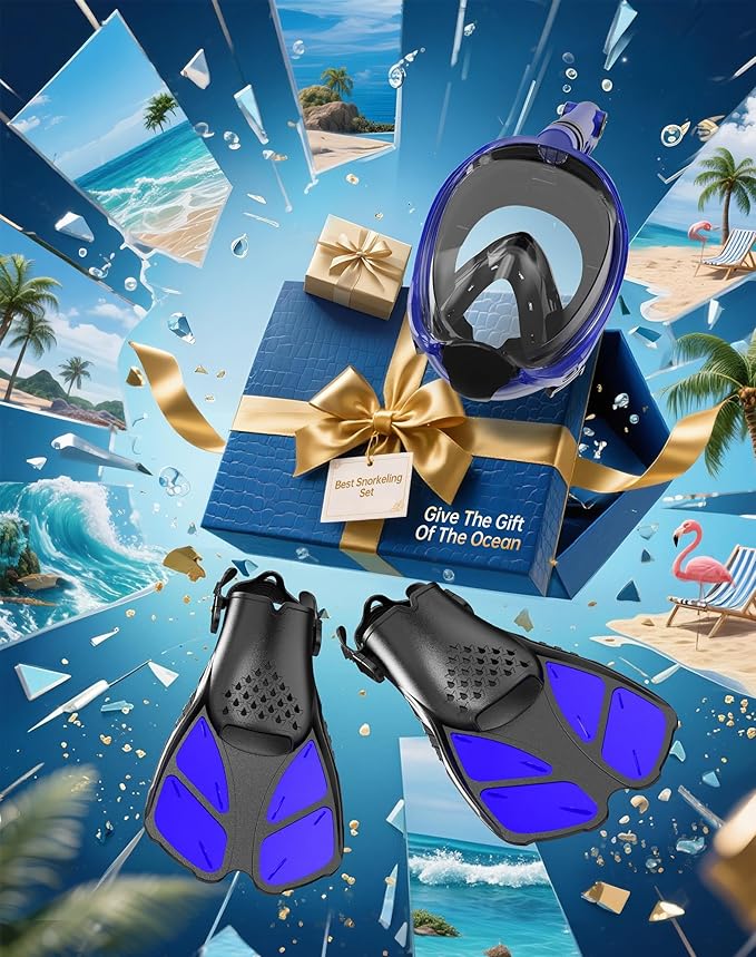 Mask Fins Snorkeling Gear for Adults, Full Face Snorkel Mask & Adjustable Swim Fins Snorkel Set, Panoramic View Snorkel Mask Dry Top Anti-Fog Anti-Leak