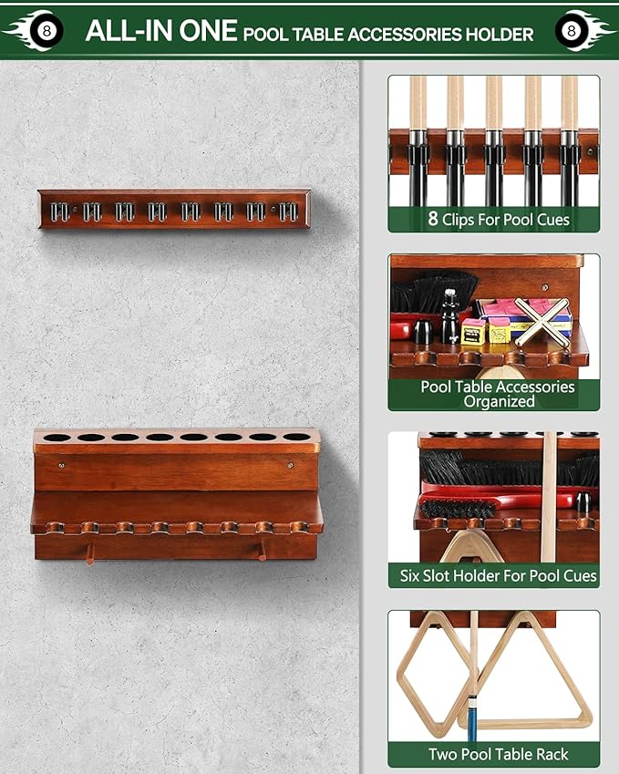 Wall Mount Pool Stick Holder - Billiards Pool Cue Rack Hardwood Pool Cue Set Holder for 8 Cues Sticks Storage Pool Table Accessories Equipment Organizer