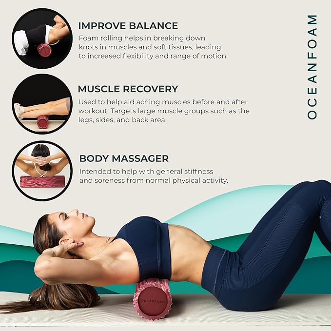 Oceanfoam Tidal Roller - Maroon, Blush & Hot Pink Marbled - Muscle Massage Foam Roller for Back Pain & Stretching - Firm & Ergonomic Wide Wave Textured - Yoga & Athletics - Full Size, 20" x 5"