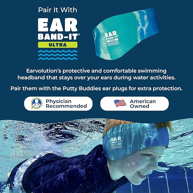 Earvolution Floating Putty Buddies Ear Plugs for Swimming - Invented by an Ear Physician - Moldable, Premium, Silicone - Floats on Water - Waterproof - Made in The USA - 3 Pack - Blue/Red/Green