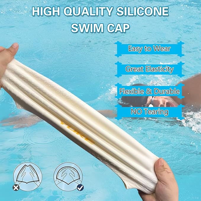 Silicone Swim Cap for Long Hair Adults Women Men, Waterproof Stretchy Swimming Caps, Durable Tear Resistant Bathing Cap