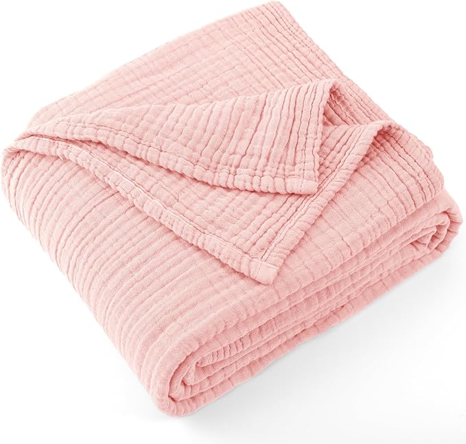 Carriediosa 100% Cotton Muslin Throw Blanket 70" X 80" Twin Size，4-Layers Summer Gauze Throws for Bed Couch，Soft Lightweight Breathable Linen Blankets Bedspread for Adults All Season，Dusty Pink