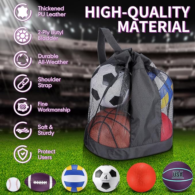 Realspring 6 Pcs Multi Sport Ball Set for Kid Teen Operation Christmas Official Size Football, Basketball, Soccer, Volleyball, Playground Ball, Baseball with Sports Equipment Bag Pump