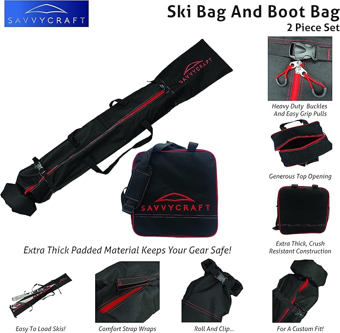 Savvycraft Padded Ski bag and Boot Bag Combo, Thick Padded Ski and Boot Bag 2-Piece Set for Protection and Easy Travel
