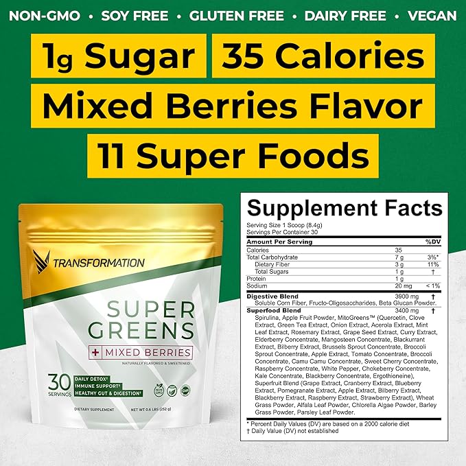 Transformation Super Greens Superfood Green Juice Powder - Immune & Energy Support | Natural Ingredients | Detoxifying & Alkalizing Minerals - Spirulina, Chlorella, Wheatgrass, Spinach, Alfalfa