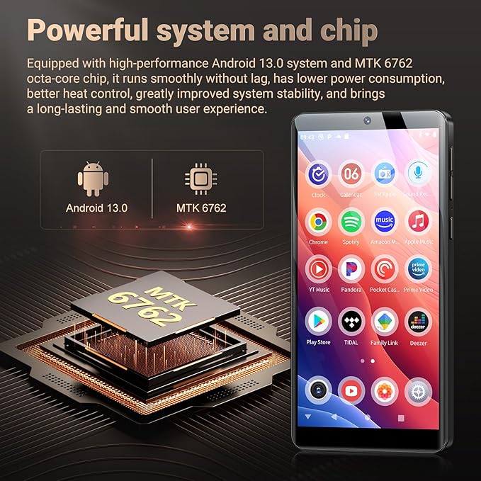 128GB MP3 Player with Bluetooth and WiFi, Android 13.0, 5.5" HD Touchscreen, 13MP Camera, Preloaded Spotify, Pandora, 1TB Expandable & Parental Controls Black