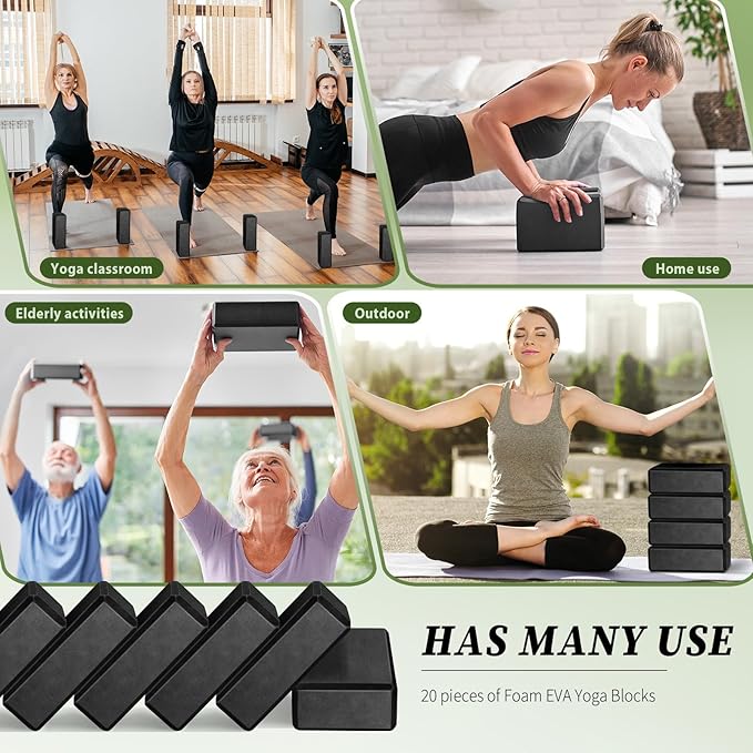 20 Pcs Foam EVA Yoga Blocks Lightweight Non-Slip Supportive Foam Blocks Yoga Prop Accessories for Pilates, Stretching and Meditation, Men and Women Yogi (Black)