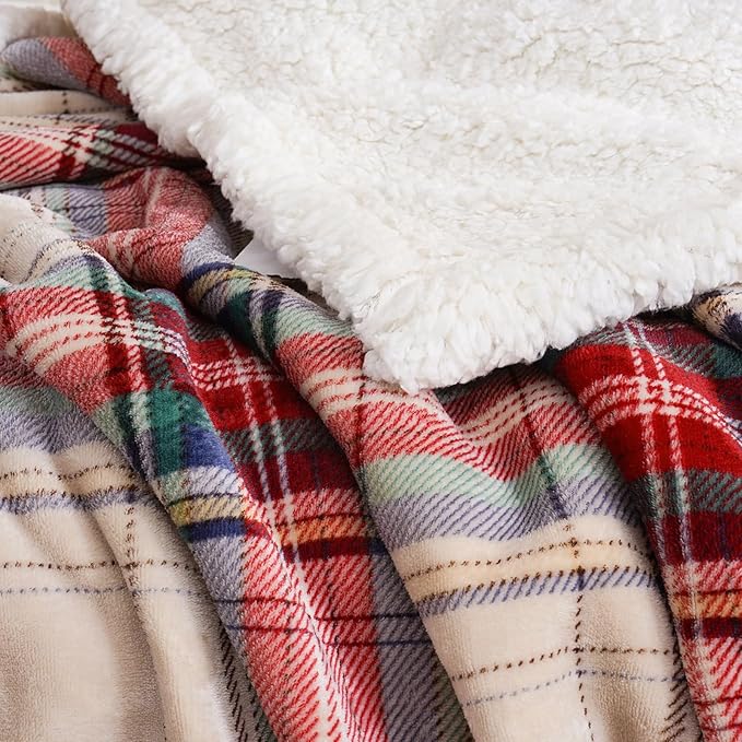 PU MEI Sherpa Fleece Throw Blanket 80" x 90" Reversible Plush Fluffy Large Big Blanket Lattice Flannel Blankets for All Season Use, Chrismas Red