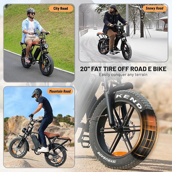 V8 Electric Bike for Adults, 20'' Fat Tire E Bike with Powerful Motor 48V 15Ah Removable Battery, 7-Speed Gears, 2 Seater E-Bike, Ebike Moped Style for Mountains, Snow, Sand, Road