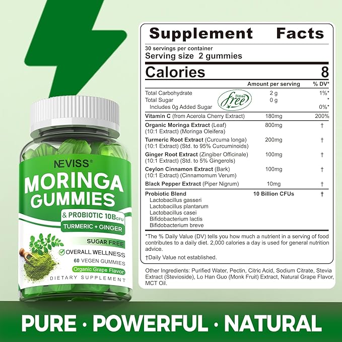 Sugar Free Moringa Gummies for Women Men with Probiotic Turmeric Ginger Ceylon Cinnamon, Chewable Organic Pure Moringa Leaf Supplement for Adults | Gut & Immune Support, Vegan, Grape Flavor, 120Cts