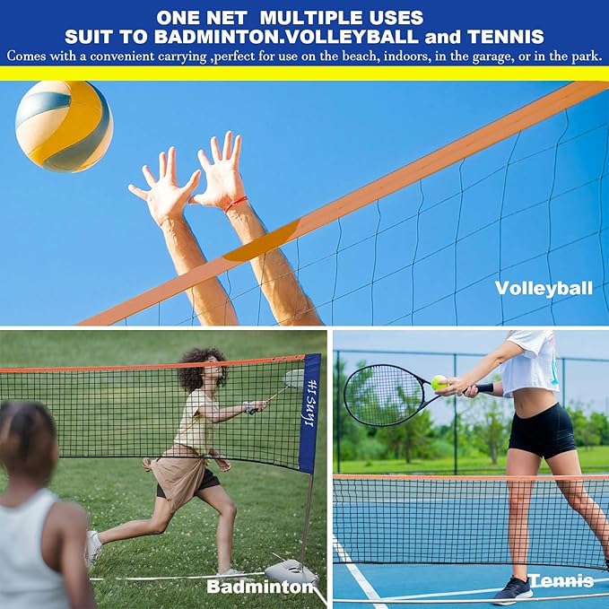 Portable Height Adjustable Badminton Volleyball Tennis Net Set Multi-Purpose Sports Equipment with Poles Stand and Carry Bag for Kids Adult Outdoor Exercise