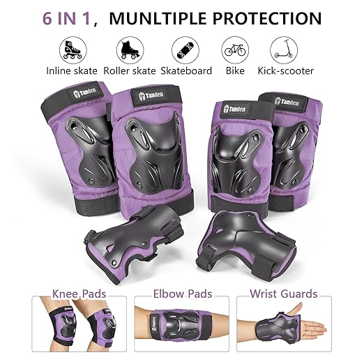 Skating Protective Gear Adult Knee and Elbow Pads Wrist Guards for Roller Skating Skateboarding, Skate Pads Adult Knee Pads for Men Women Purple