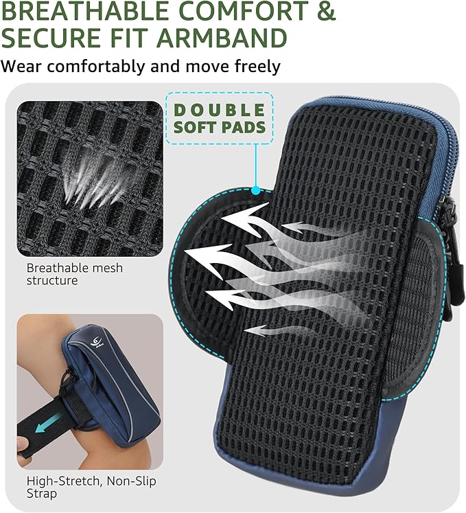 HiRui Arm Bag & Wrist Bag Phone Holder, Sports Running Armband for Gym, Cycling & Workout, Compatible with iPhone 16/15/14 Series, Samsung Galaxy & More, Reflective, Adjustable, Secure Fit (Blue)