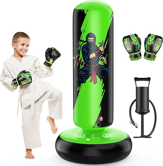 QPAU Punching Bag for Kids, 66 Inch Stable Inflatable Boxing Bag with Boxing Gloves, Stand Kids Punching Bag Toy for Boys & Girls Age 6-12, Boxing Set for Practicing Karate, Taekwondo, MMA