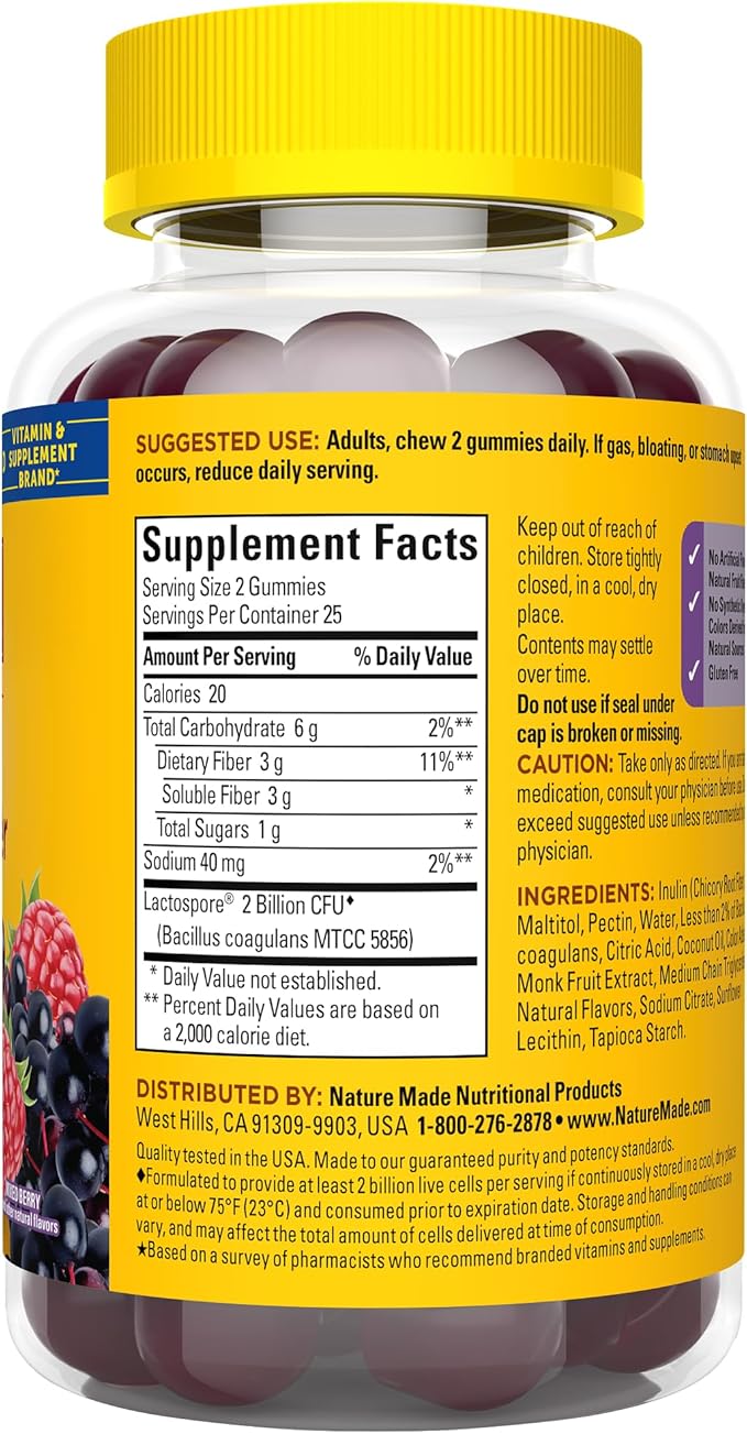 Nature Made Probiotic + Prebiotic Fiber Gummies, Gut Health, Fiber Supplement and Probiotics for Digestive Health, 50 Gummies, 25 Day Supply