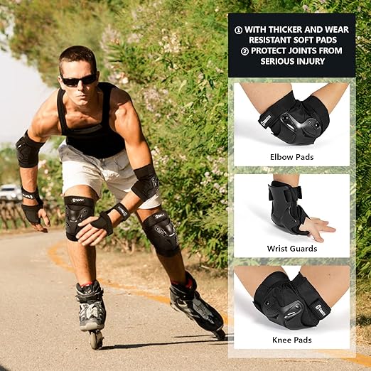 Skating Protective Gear Adult Knee and Elbow Pads Wrist Guards for Roller Skating Skateboarding, Skate Pads Adult Knee Pads for Men Women Black
