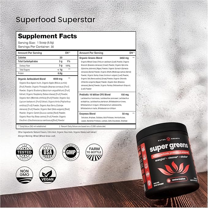 NutraChamps Super Greens Powder Premium Superfood | 20+ Organic Green Veggie Whole Foods | Alfalfa, Spirulina, Chlorella & More | Antioxidant, Digestive Enzyme & Probiotic Blends | Watermelon