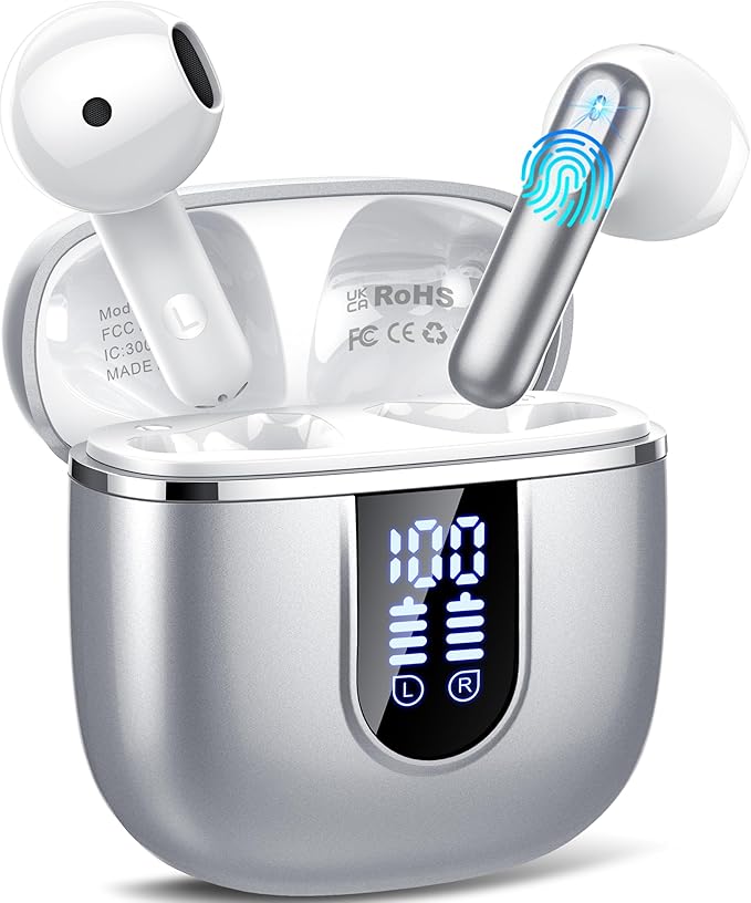Wireless Earbuds, Bluetooth 5.4 Headphones with 3D Bass Stereo, 40H Ultralight in-Ear Buds, Bluetooth Earbuds with 4 ENC Noise Cancelling Mic, USB-C, IP7 Waterproof Earphones for Android iOS, Sillver