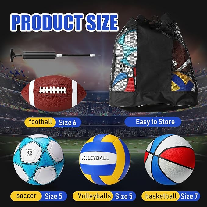 Jerify 4 Pcs Sport Balls Set Official Size Athletic Balls Include Soccer, Football, Basketball, Volleyball for Indoor Outdoor Game Teens Youth Adult Operation Christmas Ball Gifts