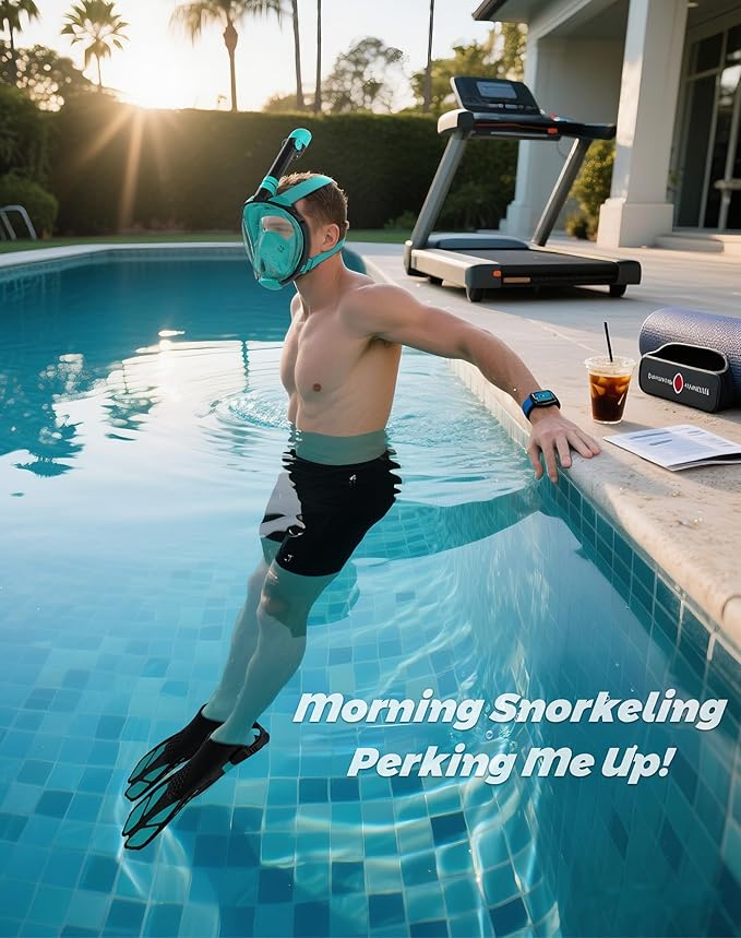 Mask Fins Snorkeling Gear for Adults, Full Face Snorkel Mask & Adjustable Swim Fins Snorkel Set, Panoramic View Snorkel Mask Dry Top Anti-Fog Anti-Leak