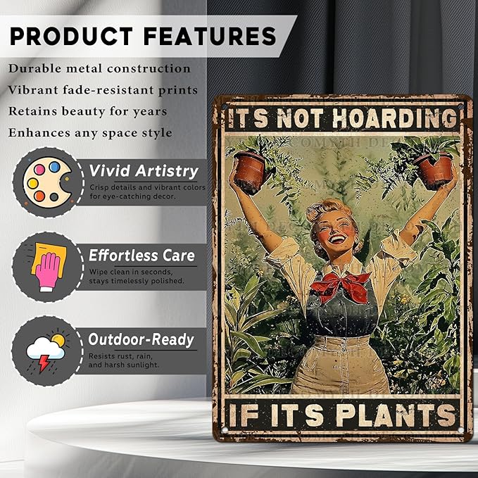 Retro Garden Metal Sign It's Not Hoarding If It's Plants Vintage Gardening Decor Metal Plaque for Parlor Yard Oasis Backyard Patio Greenhouse Decoration 12 * 16inch