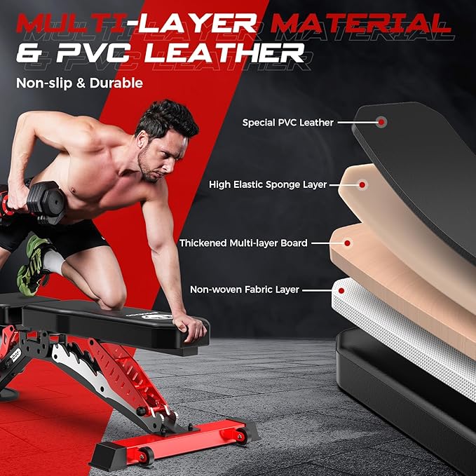 Pooboo Weight Bench, Adjustable Workout Bench for Home, 1500LBS Weight Capacity Heavy Duty Strength Training Bench, Flat/Incline/Decline Positions for Full Body Workout