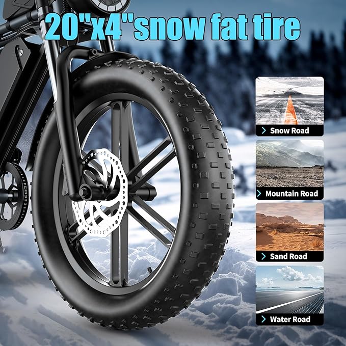 Electric Bike for Adults 1500W Motor 20" Fat Tire All-Terrain E-Bike 60-75 Miles 32MPH Electric Dirt Bike for Road Sand Mountain Snow - 48V 20AH Battery Powered Electric Motorcycle