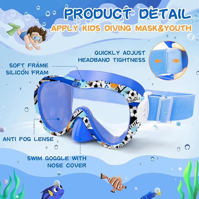 Kids Swim Goggles 180° Snorkel Diving Mask with Nose Cover, Anti-Fog Kids Swimming Goggles with Elastic Fabric Strap for Kids Boys Girls