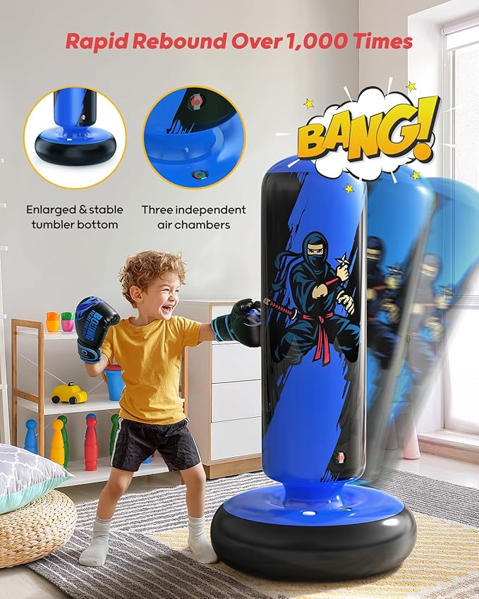 QPAU Punching Bag for Kids, 66 Inch Stable Inflatable Boxing Bag with Boxing Gloves, Stand Kids Punching Bag Toy for Boys & Girls Age 6-12, Boxing Set for Practicing Karate, Taekwondo, MMA