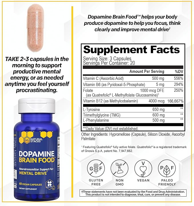Dopamine Brain Food - 650mg L-Tyrosine Supplement - Dopamine Supplement for Focus & Mental Drive - Supports Mental Energy - Neurotransmitter Support with B Vitamins - 60 Capsules