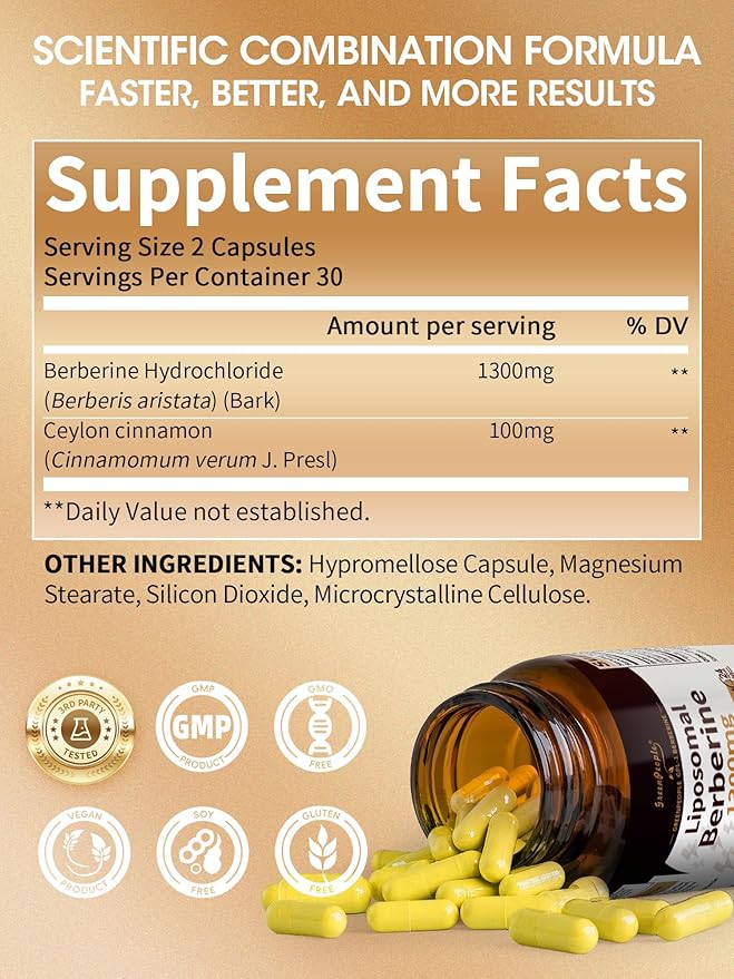 Liposomal Berberine HCL1300mg - Berberine Supplement with Ceylon Cinnamon Activates GLP-1 & AMPK - High Absorption Formula Healthy Weight Support – Non-GMO/Vegan – 30-Day