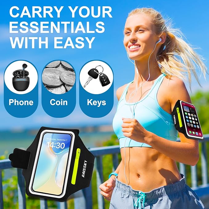Running Armband with Earphone Bag Cell Phone Armband for iPhone 16 15 Pro 14 Plus 13 11 XR XS, Galaxy S24/S10 Water Resistant Sports Phone Holder Case & Zipper Slot Car Key Holder for 6.9 inch Phone