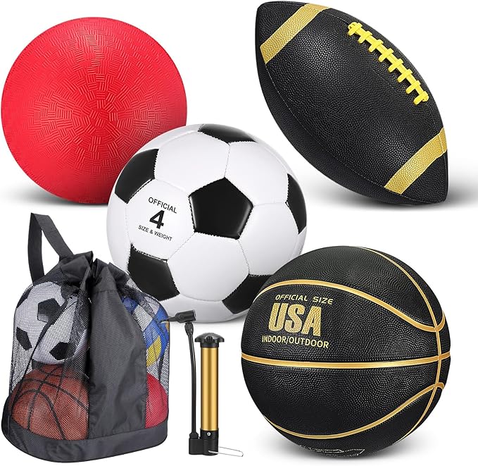 Deekin 4 Pcs Sport Balls Set for Kids Teens, Include Official Size 5 Basketball 4 Soccer 6 Football Playground Ball and Pump Sports Equipment Bag Recess Equipment Sport for Students(Classic Color)