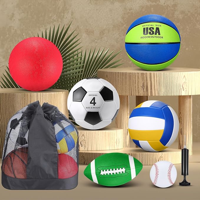 Realspring 6 Pcs Multi Sport Ball Set for Kid Teen Operation Christmas Official Size Football, Basketball, Soccer, Volleyball, Playground Ball, Baseball with Sports Equipment Bag Pump