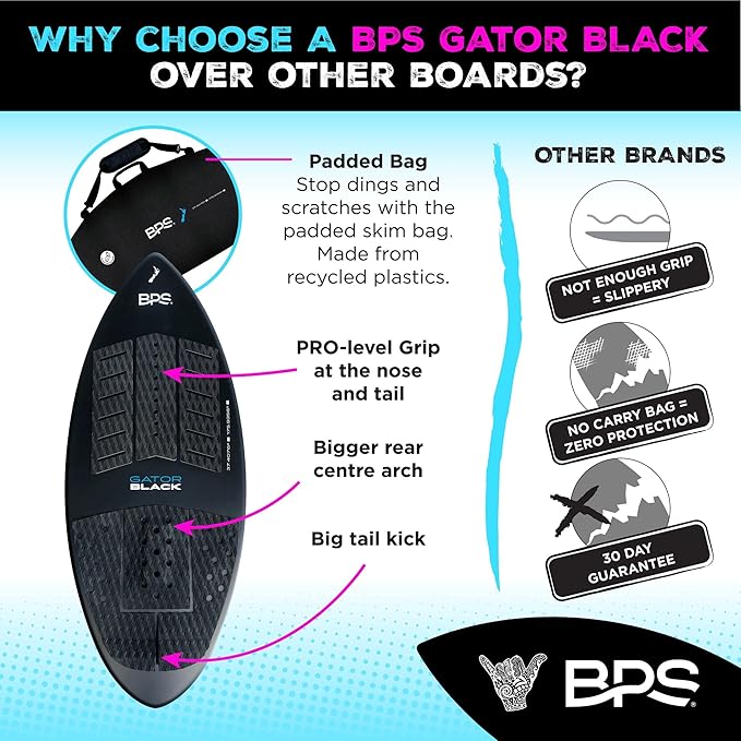 BPS New Zealand ‘Gator Black’ Fiberglass Skimboard with Padded Carry Bag Made from Recycled Plastics Performance Skimboard with Custom Traction Pads for Kids Adults Choose from 3 Sizes
