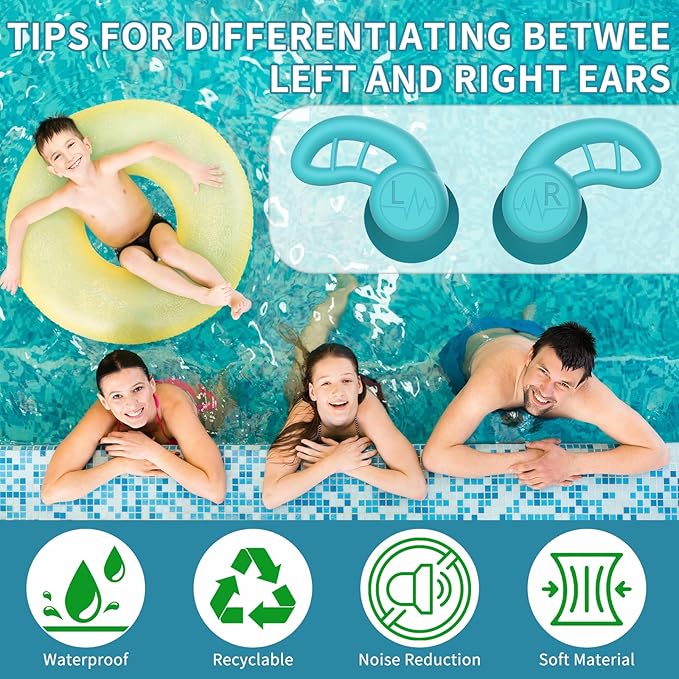 Swimming Ear Plugs for Adults, 6 Pairs Reusable Silicone Waterproof Colorful Swim Earplugs for Swimming Showering Snorkeling Surfing and Water Sports, Water Ear Plugs for Men and Women