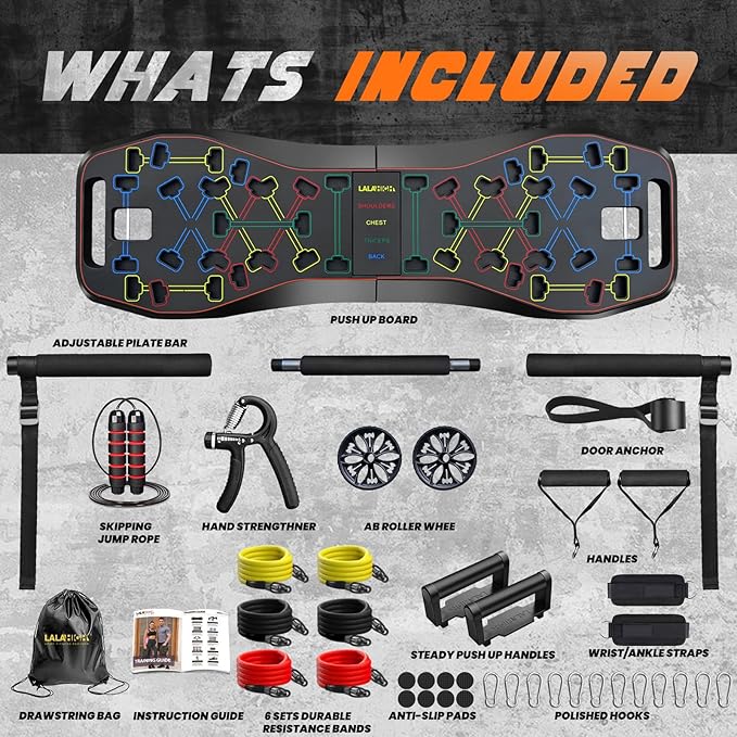 LALAHIGH Push Up Board,36 in 1 Home Gym Equipment with Ab Roller Wheel & Resistance Bands, Portable Foldable Workout Board for Full Body Strength Training Men Women