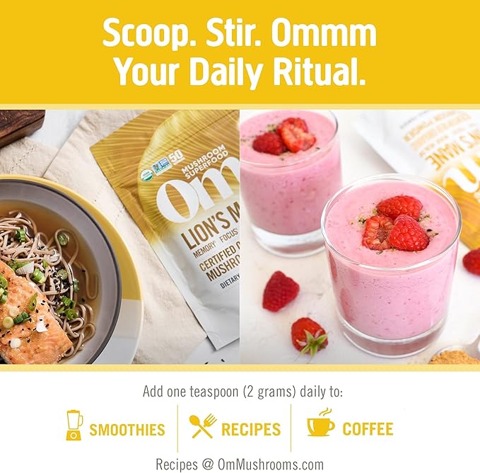 OM MUSHROOM SUPERFOOD Lion's Mane Organic Mushroom Powder, Improves Memory, Focus, Clarity, Nerve Health, and Mood Support, 7.05 oz, 100 Servings