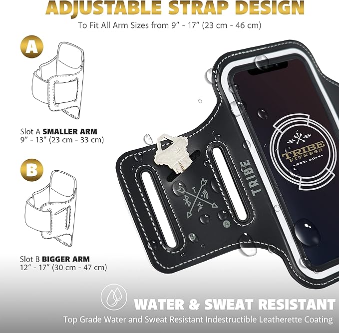 TRIBE Water Resistant Cell Phone Armband Case Running Holder for iPhone Pro Max Plus Mini SE (13/12/11/X/XS/XR/8/7/6/5) Galaxy S Ultra Plus Edge Note (21/20/10/9/8/7/6/5) Adjustable Strap & Key Pocket