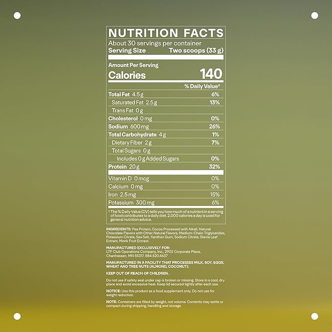 LTH VITAL Vegan Protein - Trusted by Life Time fitness Members - Plant-Based Protein Powder - Made from Pea Protein - Supports a Healthy Immune System - Gluten Free & Soy Free - Chocolate, 30 Servings