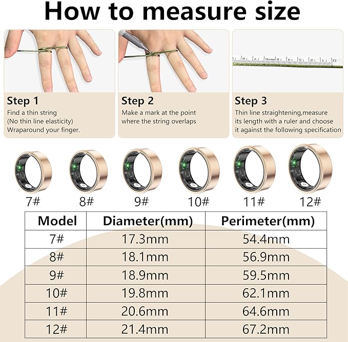 Thin Smart Ring for Fitness & Health Tracking -Pedometer,Sleep/Heart Rate/Blood Oxygen Monitor, Gesture Control / 5ATM Waterproof -No APP Subscription Compatible with Android& iOS (Rose Gold, 10)